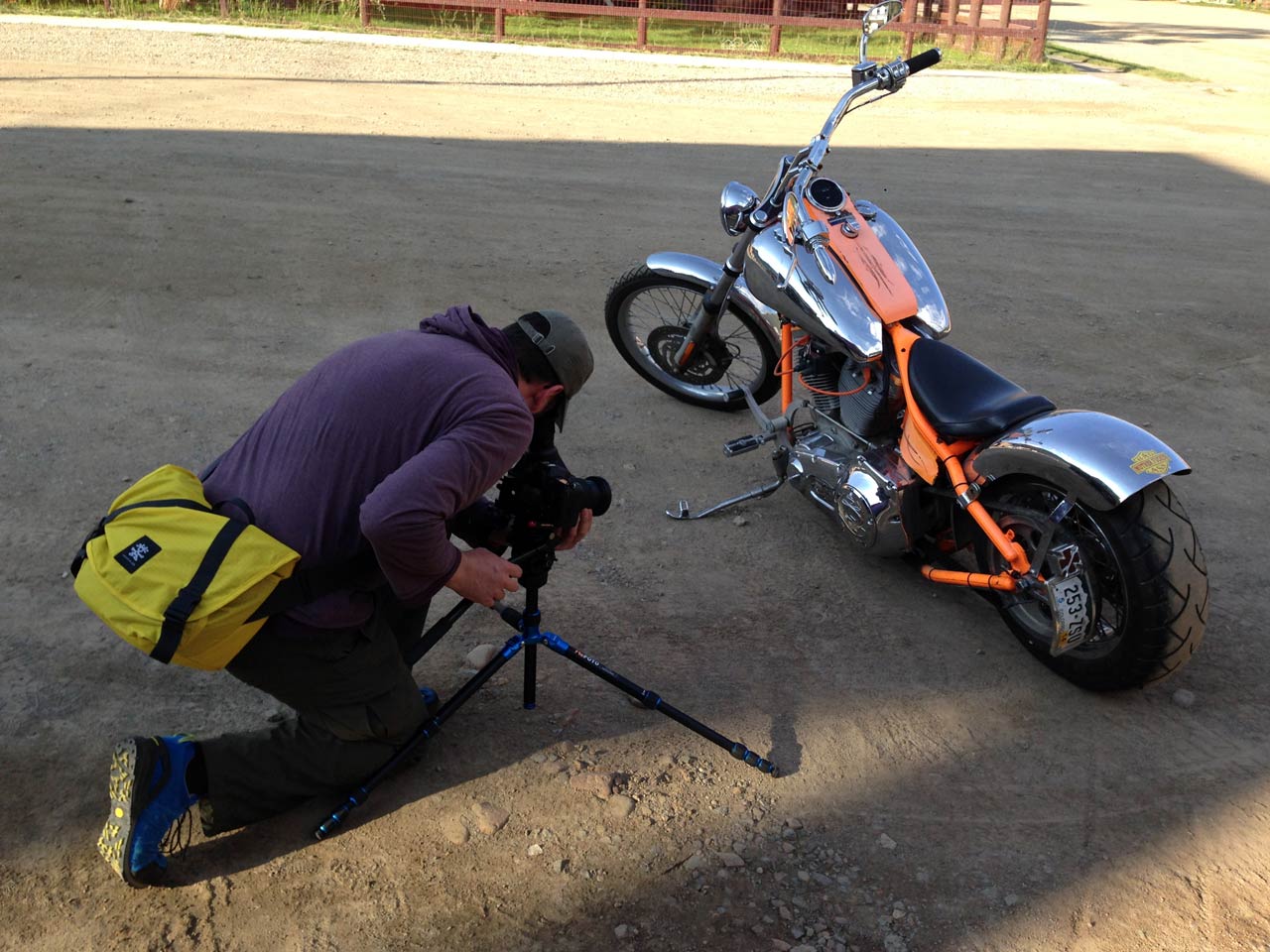 Jonathan lines up to film a Harley in Seligman