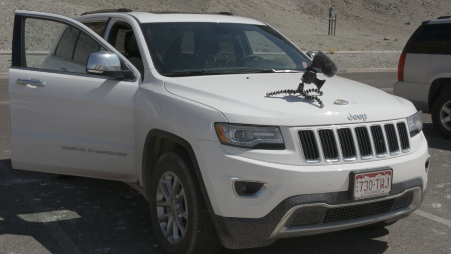 Badwater Basin: a camera films something on the bonnet of the Jeep thing.