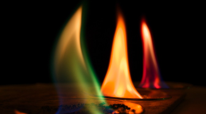 Salts burn with characteristic coloured flames, in this demonstration photographed at the Centre for Life, Newcastle.
