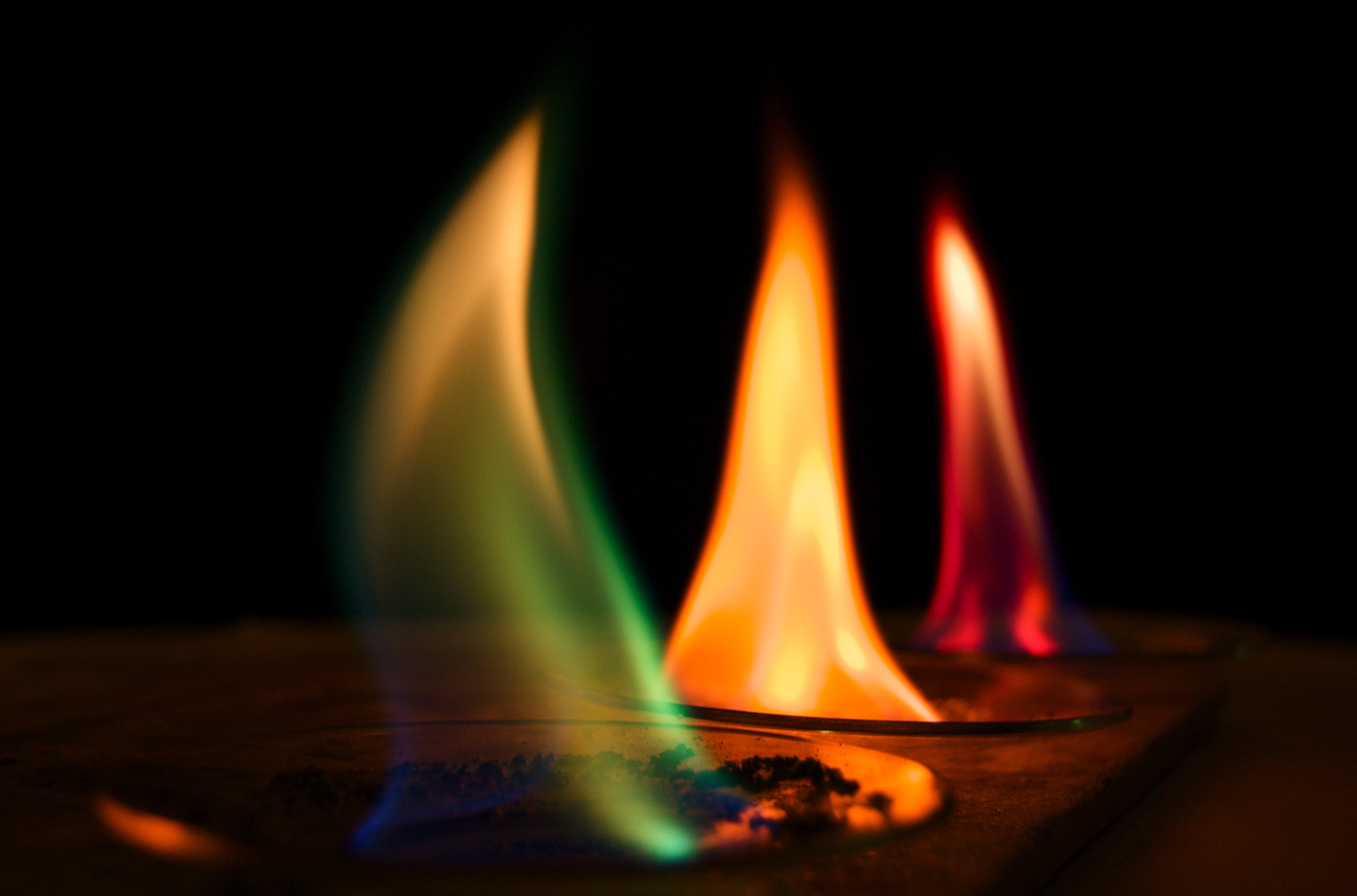 Salts burn with characteristic coloured flames, in this demonstration photographed at the Centre for Life, Newcastle.