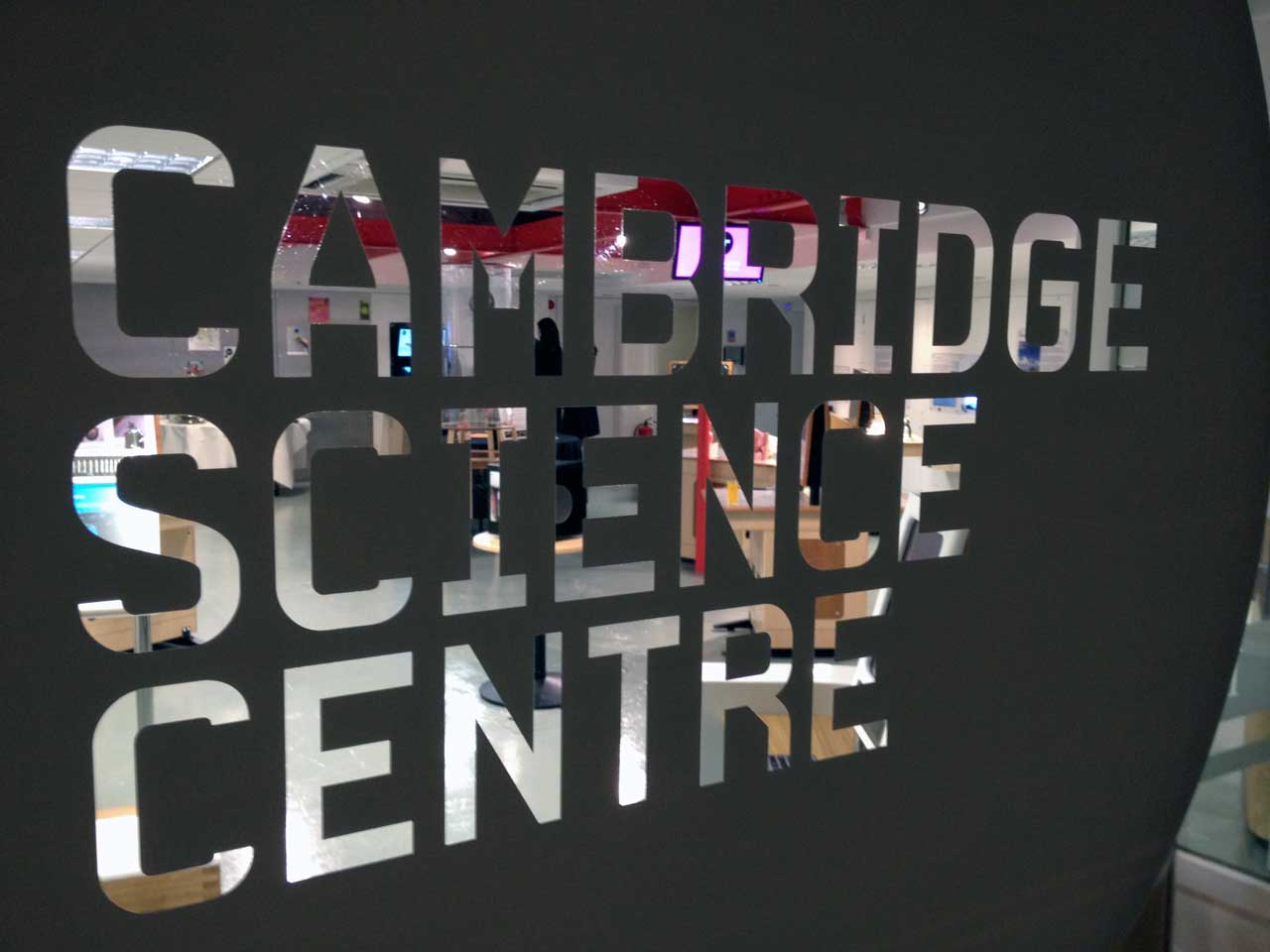 Calm before the storm: through the window of Cambridge Science Centre immediately before its opening party.
